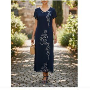 Donna Ricco Elegant Navy Blue Floral Maxi Dress Gown, 14